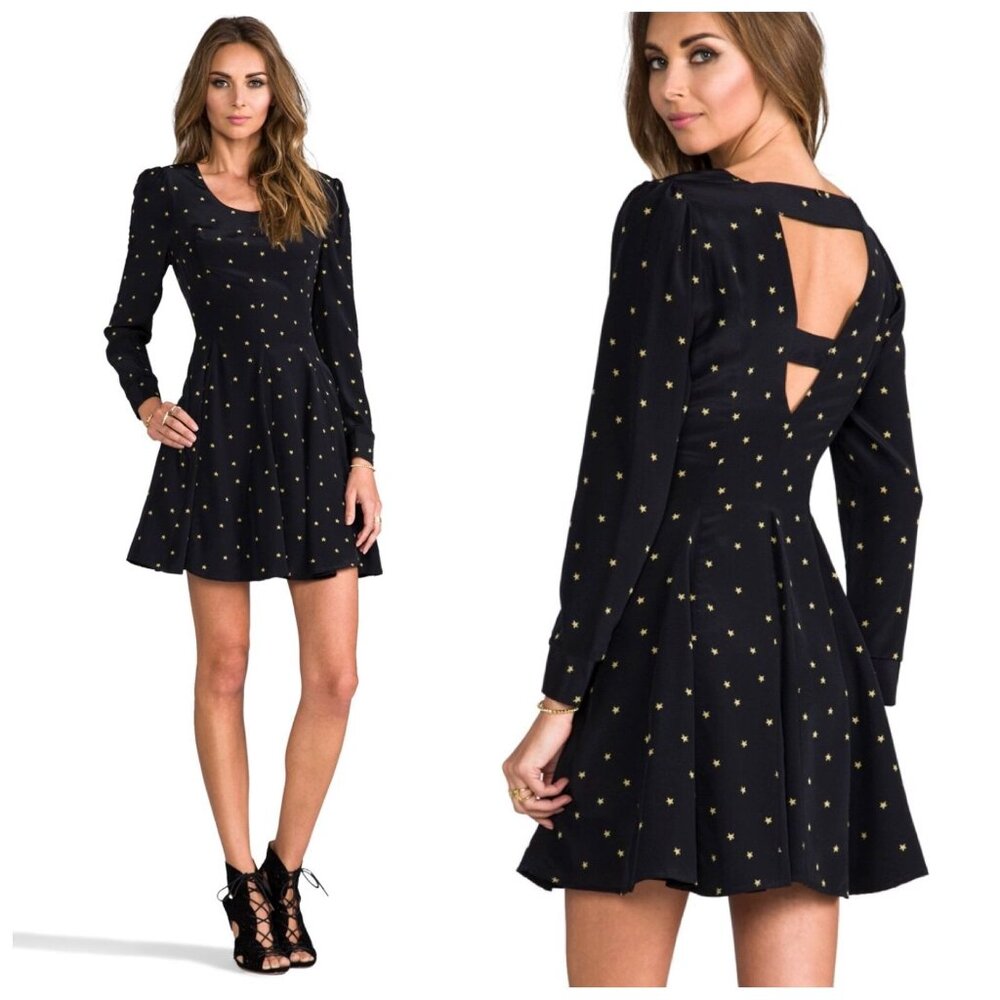 Harlyn Revolve Fit and Flare Silk Dress Black Gold Star Mini Cutout Medium